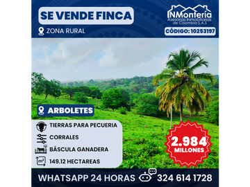 SE VENDE FINCA GANADERA EN MUNICIPIO DE ARBOLETES EN...